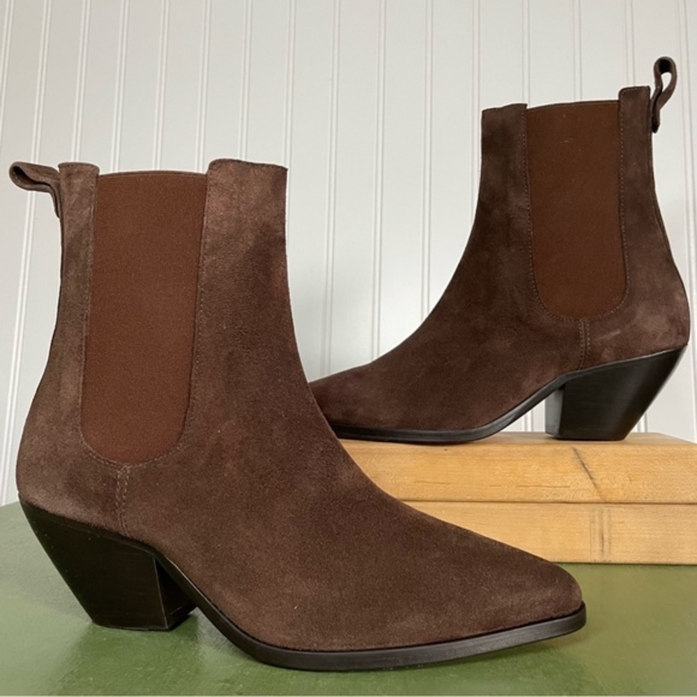 NWT Sandro Paris Santiag Marron Foncé H20RAPH Boots in Tobacco Suede *Fr… - Picture 14 of 15